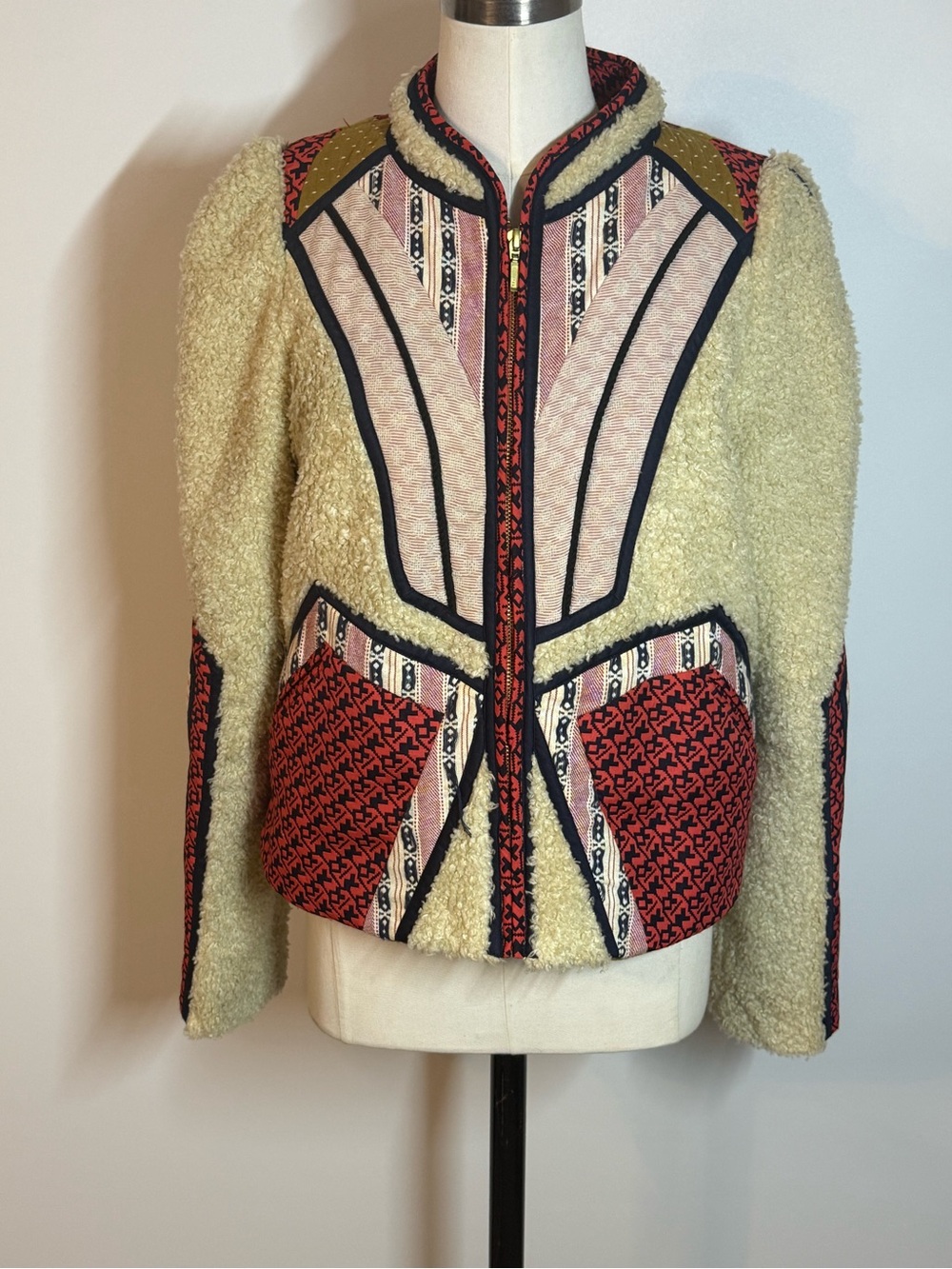 Anthropologie Cream Teddy Jacket with Red & Black Patterned Panels